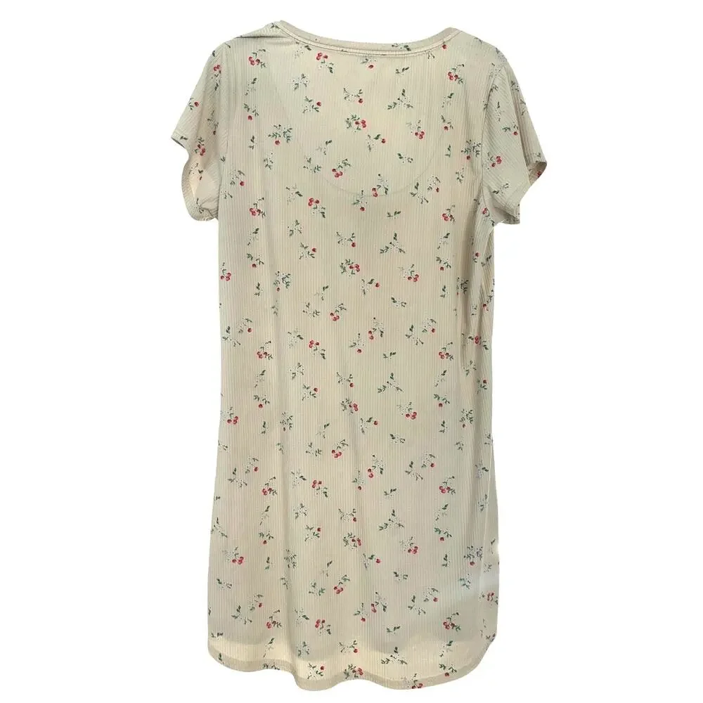 Laura Ashley Floral Ribbed Nightgown Cream Cherry Print Henley Sleep Shirt L